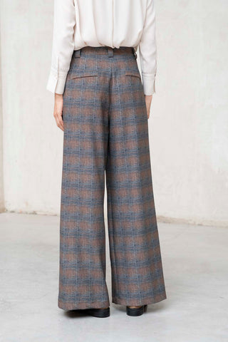 PANTALON ANCHO DOBLE PLIEGUE MARRON Y GRIS